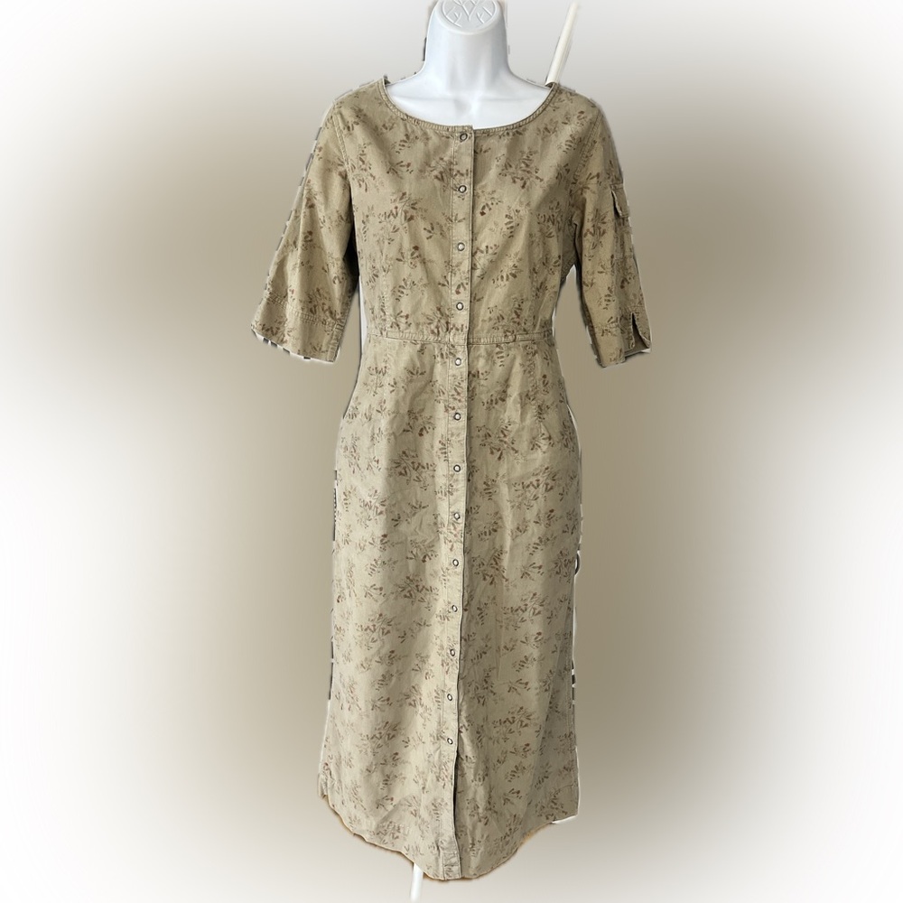 Vintage 90s Eddie Bauer Tan Floral Corduroy Midi Dress, Cottagecore